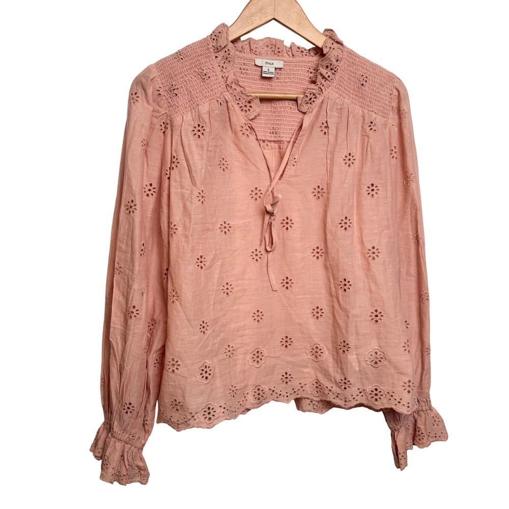OTHILIA Eyelet Smocked Shirt Ruffle Peasant Blouse S Pink Peach Boho Romantic